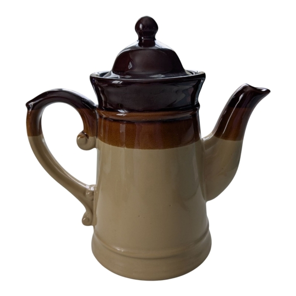 Vintage 70s Stoneware Tan Brown Glazed Tea Coffee Pot With Lid Chunky Farmhouse - Picture 4 of 9